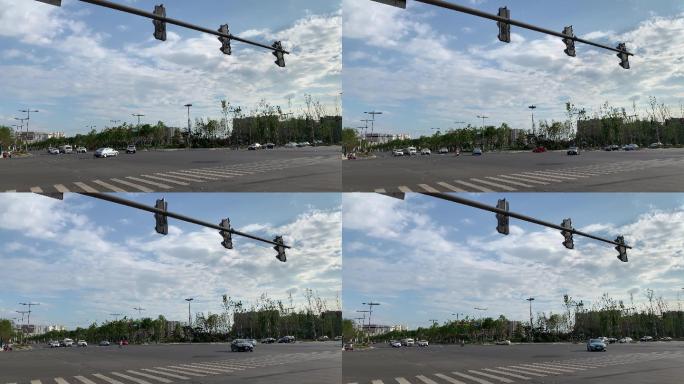 十字路口指示灯十字路口红绿灯车流实拍