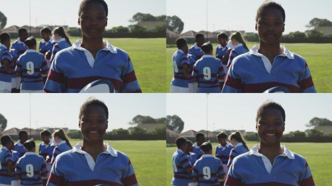 年轻的成年女性橄榄球运动员在橄榄球场上的肖像