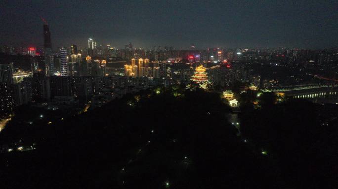 航拍江北区观音桥鸿恩寺夜景