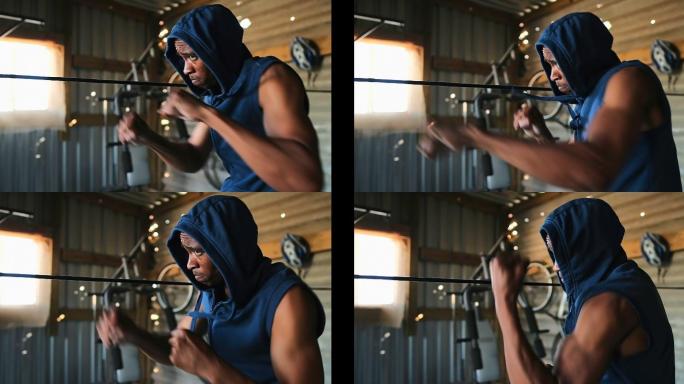 非裔美国男拳击手在健身室练习拳击4k