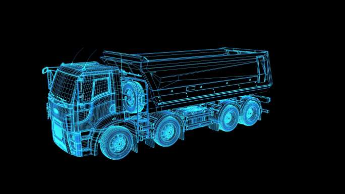 4K蓝色全息线框科技自卸卡车素材带通道
