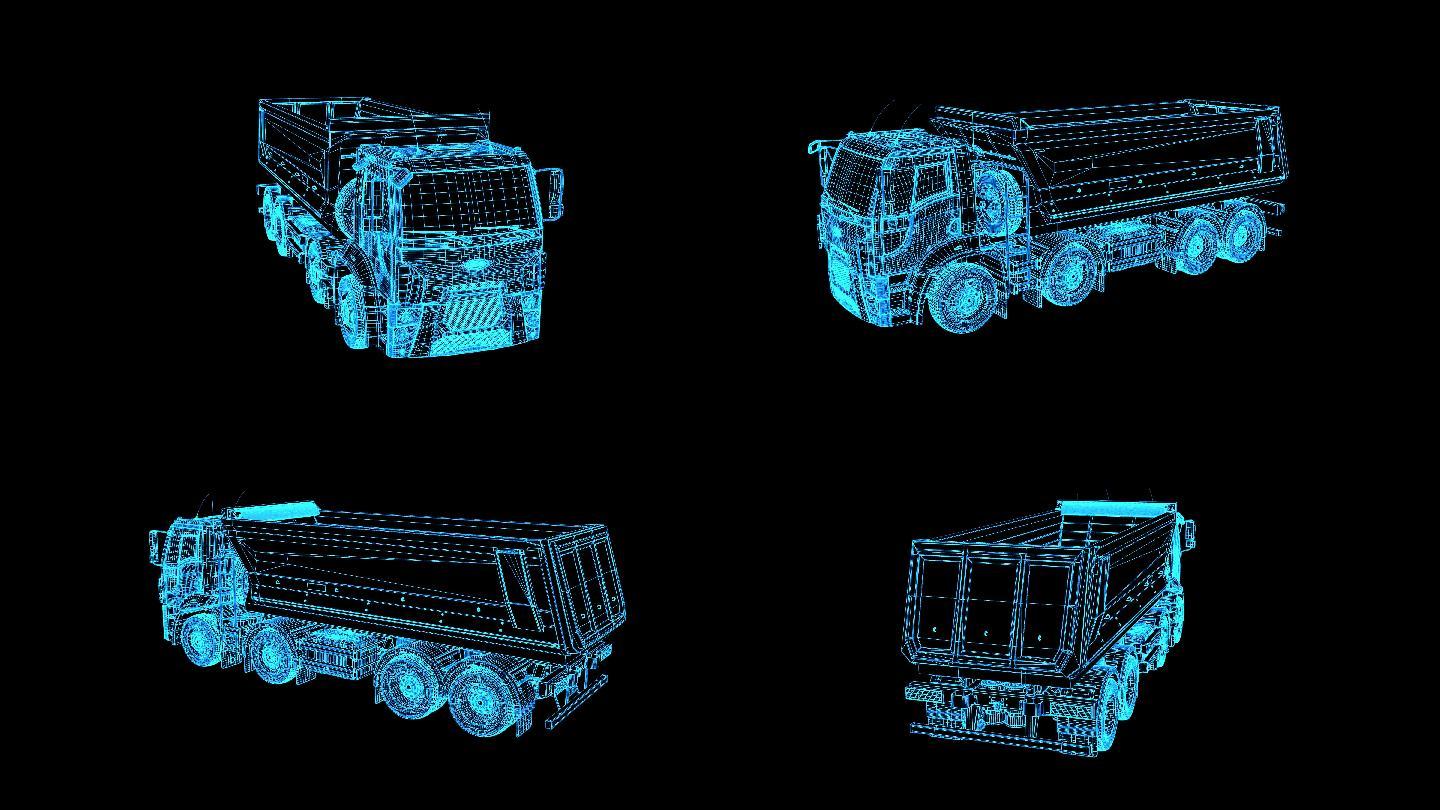 4K蓝色全息线框科技自卸卡车素材带通道