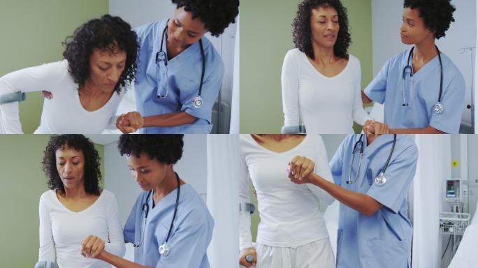 非裔美国女医生在医院病房帮助女病人行走的正面照片
