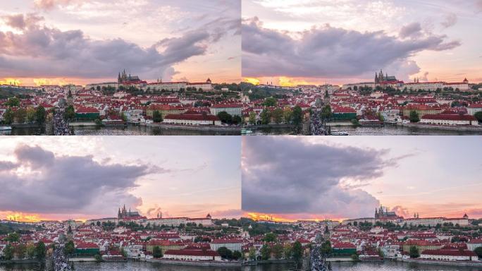 捷克布拉格查理大桥日落延时摄影