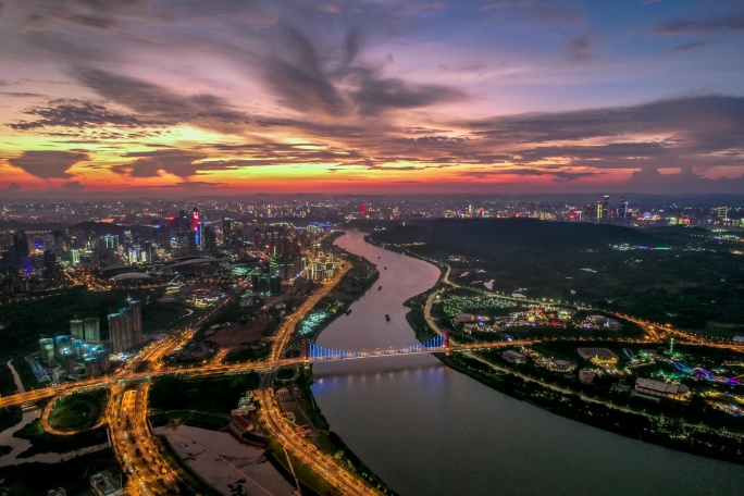 南宁航拍延时总部基地夕阳夜景邕江方特东盟