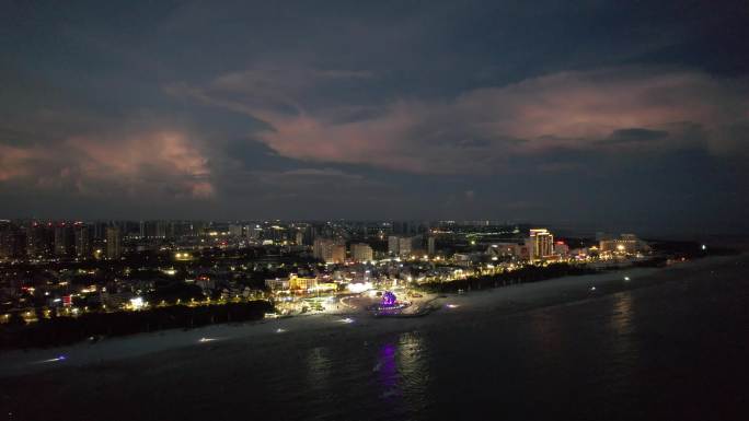 北海银滩夜景航拍北海晚霞北海潮雕航拍