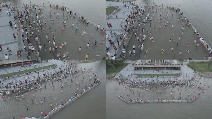 武汉江滩粤汉码头小孩玩水夏天溜娃航拍视频