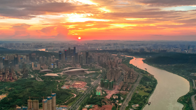 4K南宁航拍延时总部基地夕阳夜景龙岗邕江