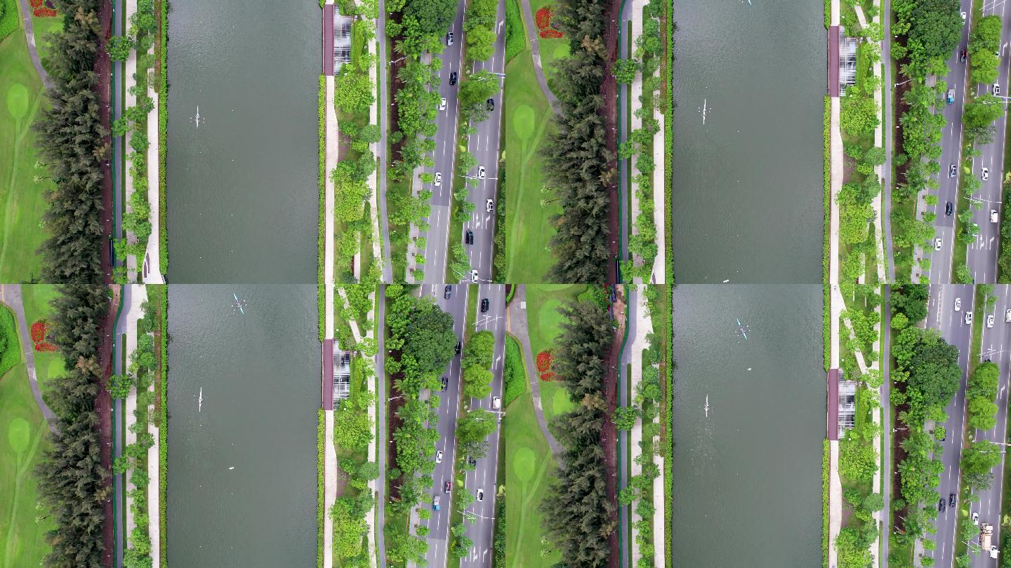 深圳大沙河公园河道皮划艇运动健身俯拍素材