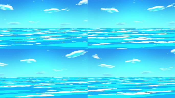 吉卜力卡通风格海水蓝天白云素材