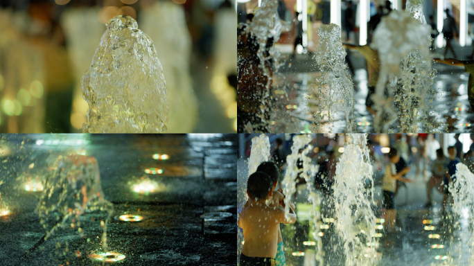 【4K】夏日商业街小朋友在喷泉戏水