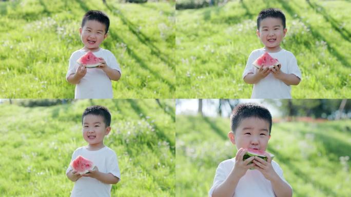 4K夏天草坪上阳光下可爱的孩子吃西瓜