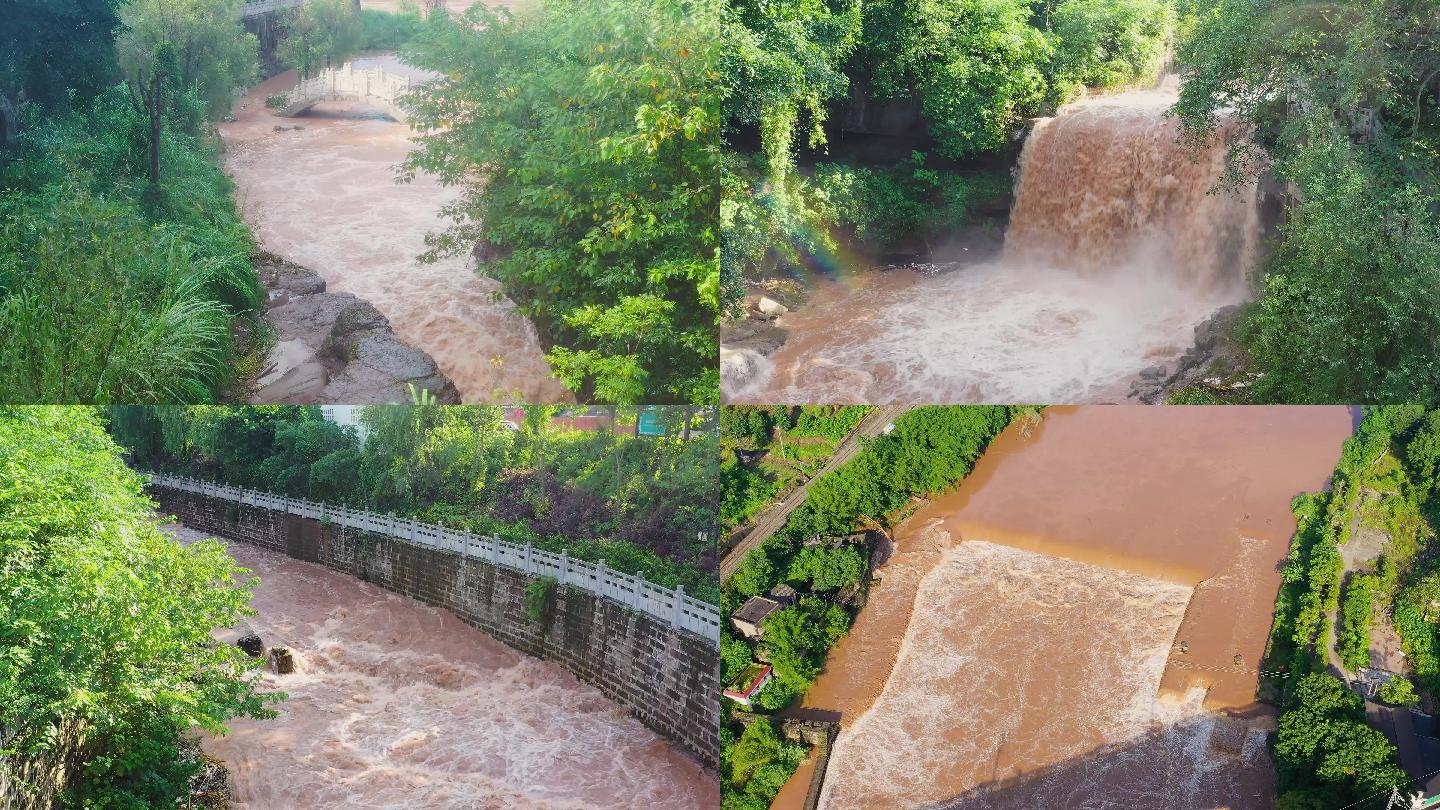 4k航拍山间下雨后山洪爆发