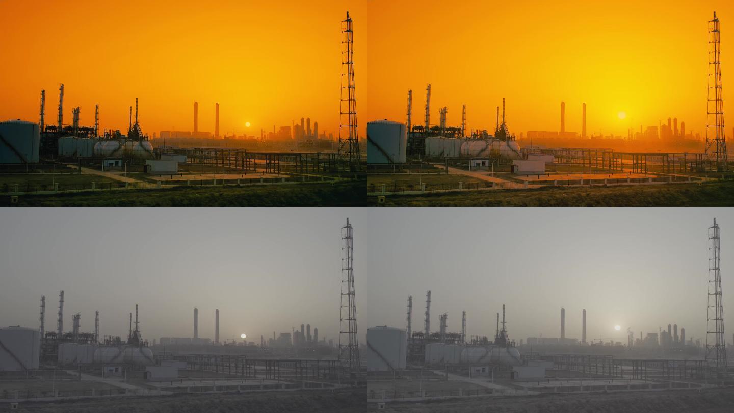 工业石化炼厂化工厂日出清晨日落石油炼厂