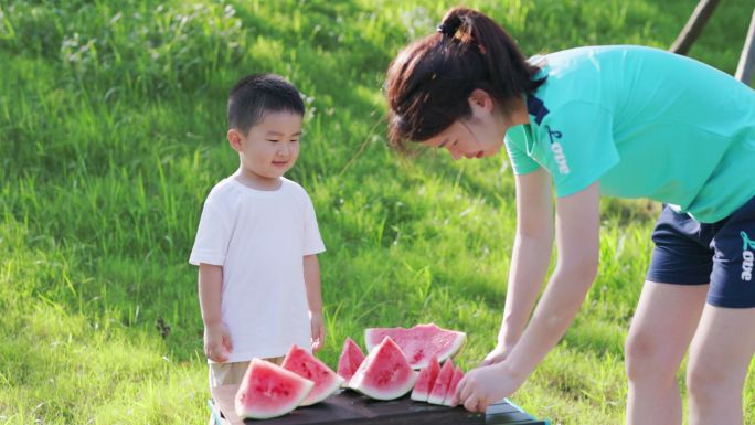 4K户外草地上妈妈切西瓜给儿子吃