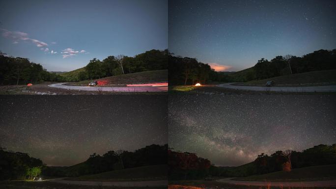 4K山野小路银河星空日转夜延时摄影