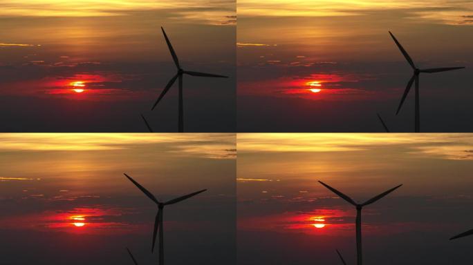 航拍夕阳晚霞风车剪影风力发电新能源东白山