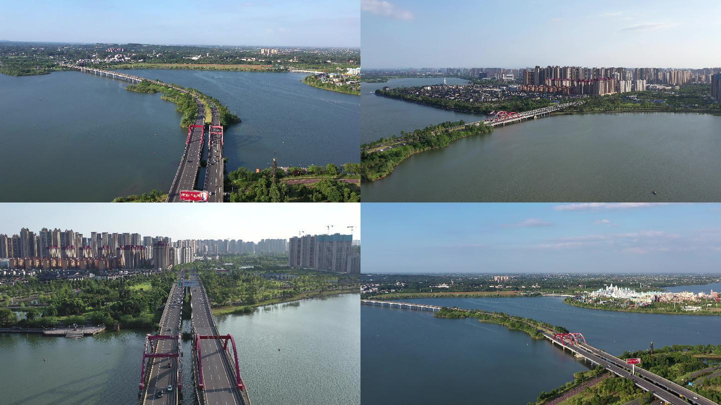 柳叶湖大桥航拍卡乐星球湖面风景白鹤镇4K