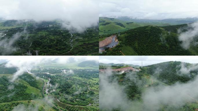 航拍大山里云雾缭绕 内蒙古湿地 兴安岭