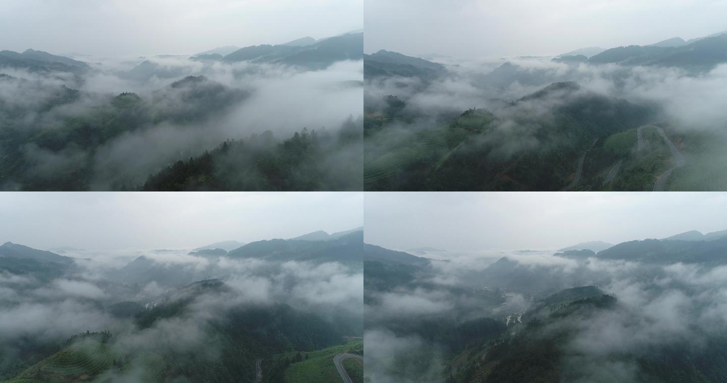 航拍飞跃大山云雾翻滚