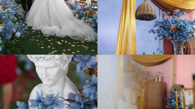 简约室外婚礼现场蓝色鲜花装饰婚庆空镜