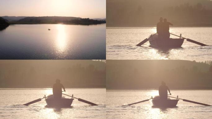 夕阳下湖中小船