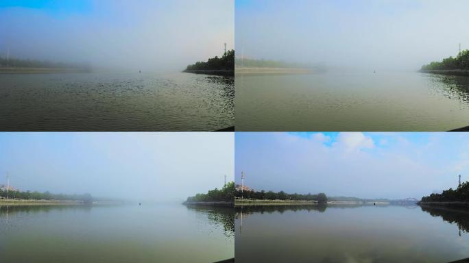 雾江景大桥都市风光景色早晨河面延时气流动
