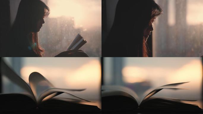 女孩在夕阳下的窗边看书阅读4k视频素材