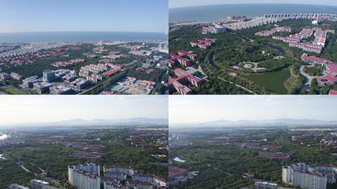 4K航拍烟台南山学院海边风景城市风光