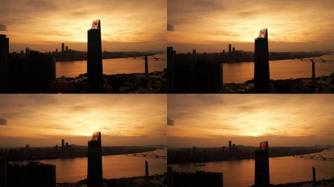 唯美壮观的长沙湘江城市夕阳剪影