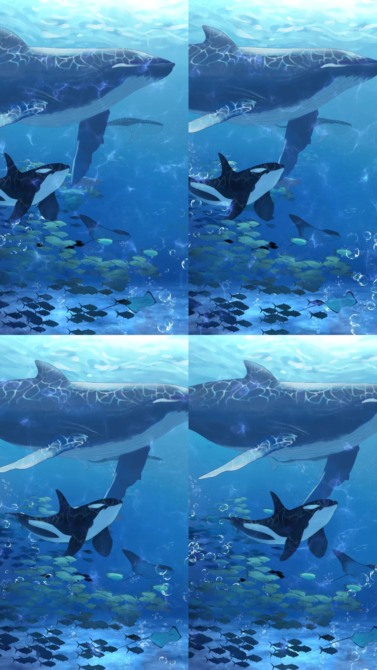 二次元卡通动态背景 海底 鲸鱼群
