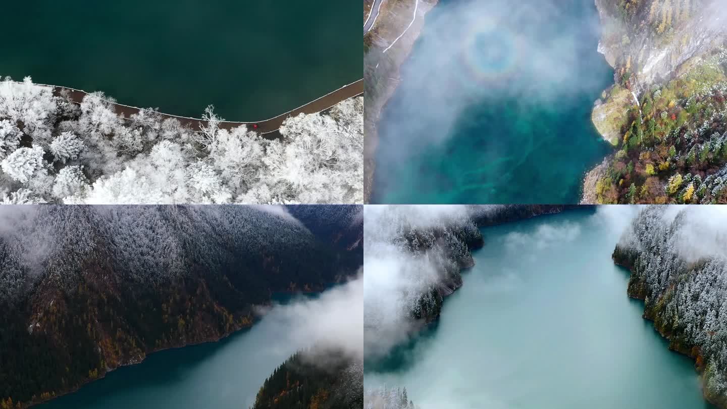 九寨沟鸟瞰唯美雪景航拍素材