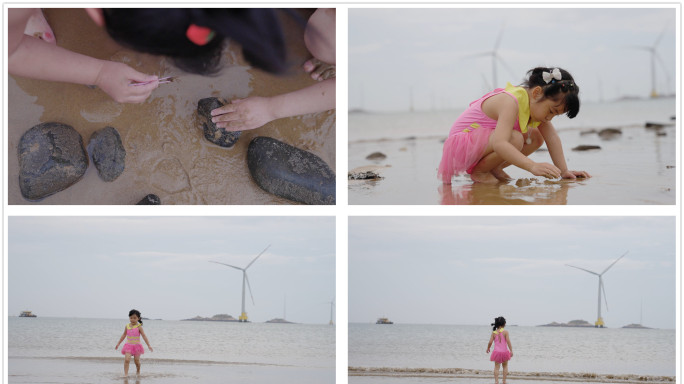 小女孩海边玩耍捉螃蟹