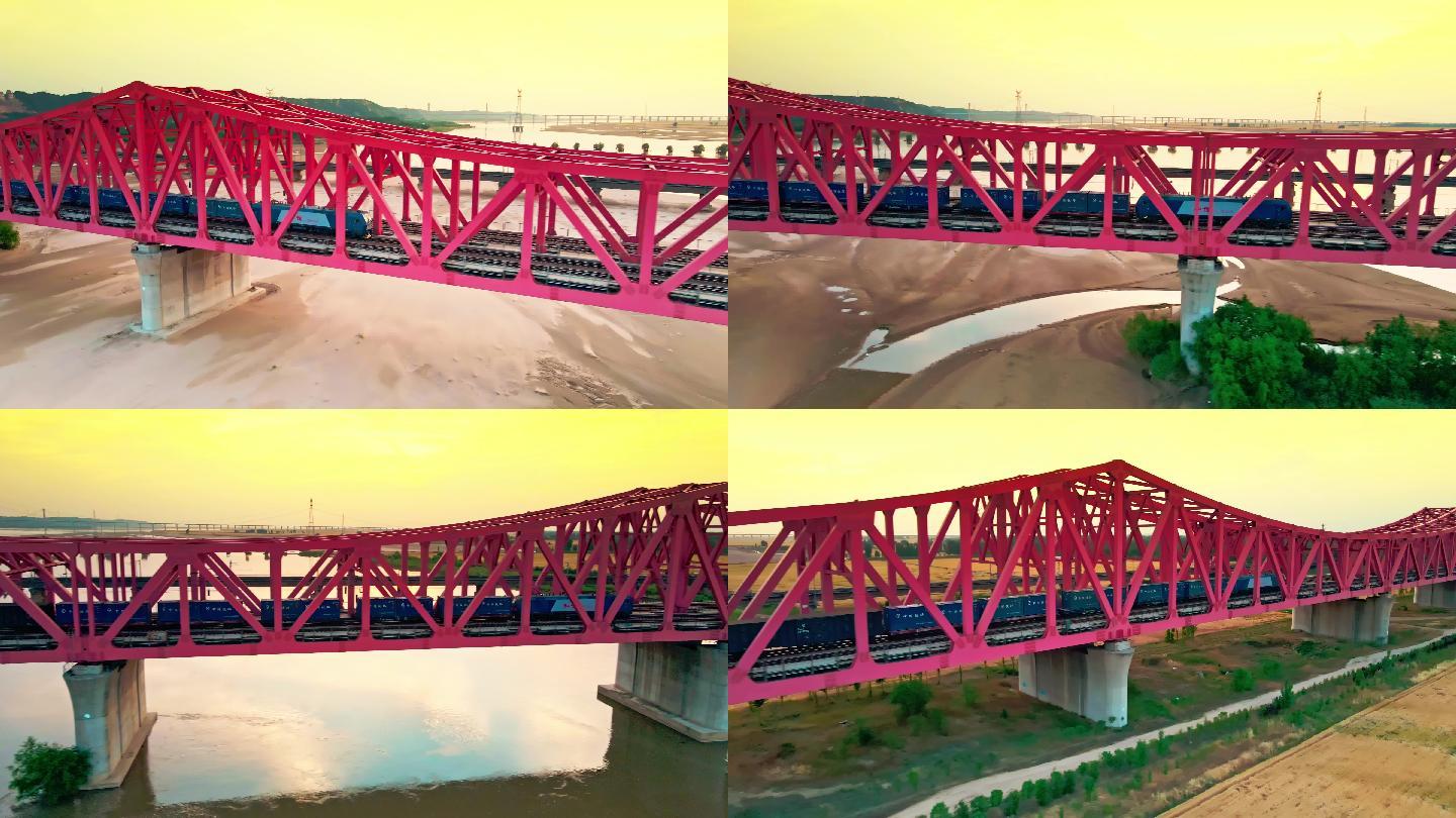 航拍火车驶过黄河大桥 中欧班列货运火车