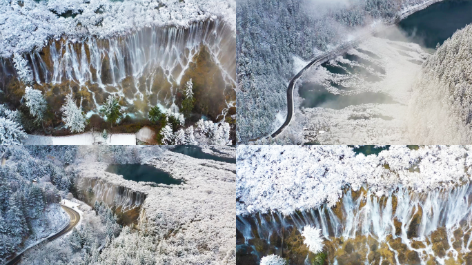 九寨沟冬季银装素裹雪景航拍4K