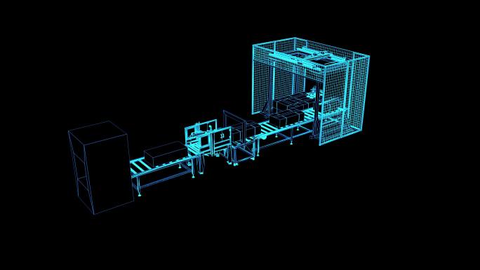 2K蓝色全息线框三维打包生产线素材带通道