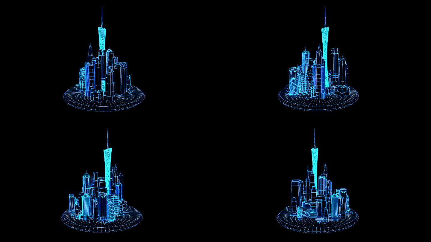 4K蓝色全息线框科技广州城市素材带通道