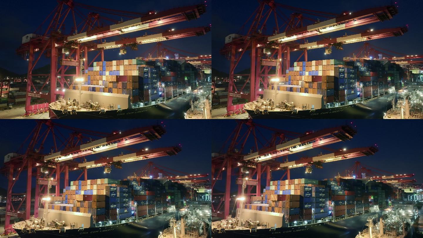 上海洋山港货轮装卸货夜景