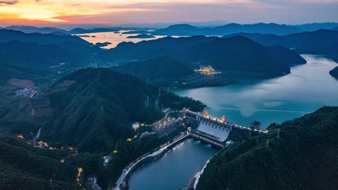 杭州建德新安江水库大坝夕阳延时航拍