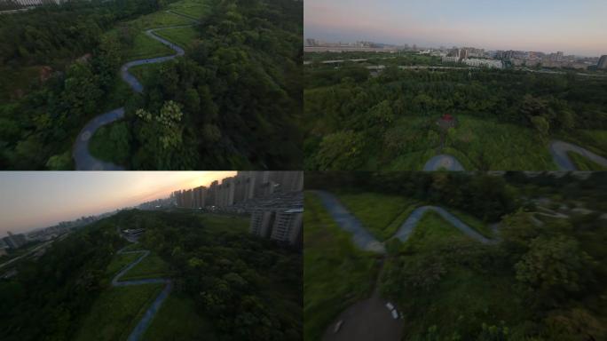 武汉光谷黄龙山公园荧光绿道弯道穿越机航拍