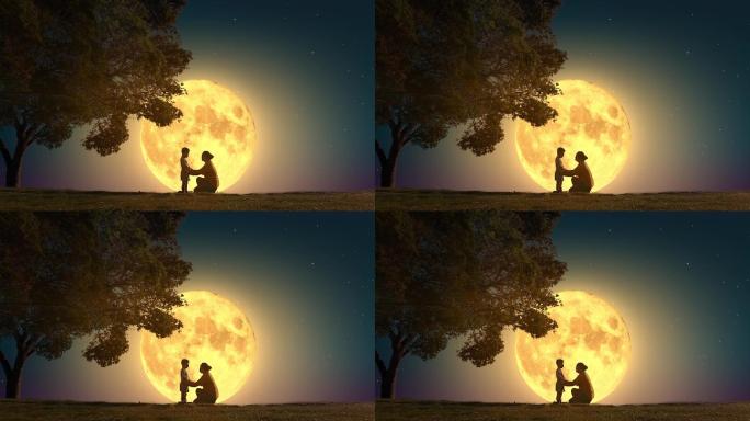 超级月亮月光下男孩与母亲夜晚树下母爱温馨