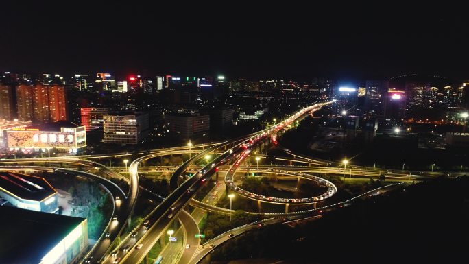 杭州立交桥夜景航拍，城市拥堵车流