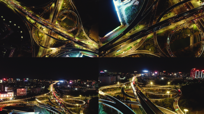 杭州立交桥夜景航拍，城市拥堵车流