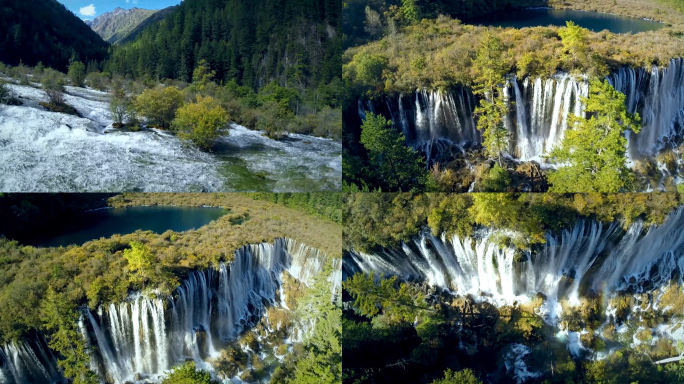 九寨沟海子瀑布美景航拍素材