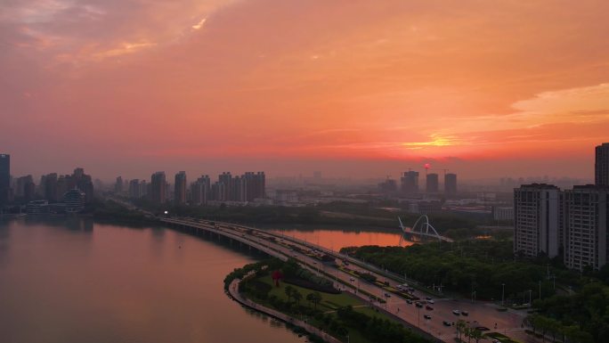 4K苏州金鸡湖夕阳晚霞航拍