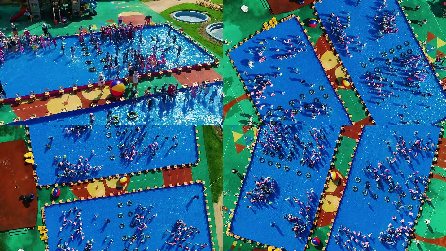 夏季游泳池小孩玩水嬉戏航拍