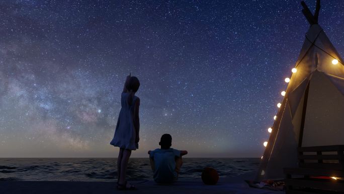 夜晚沙滩帐篷孩子看银河