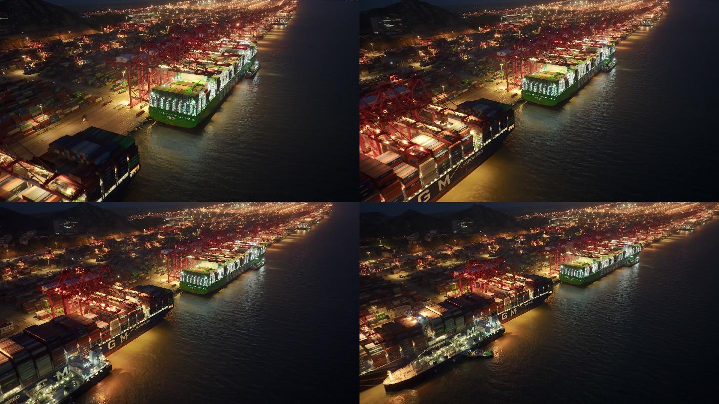 上海洋山港货轮装卸货夜景