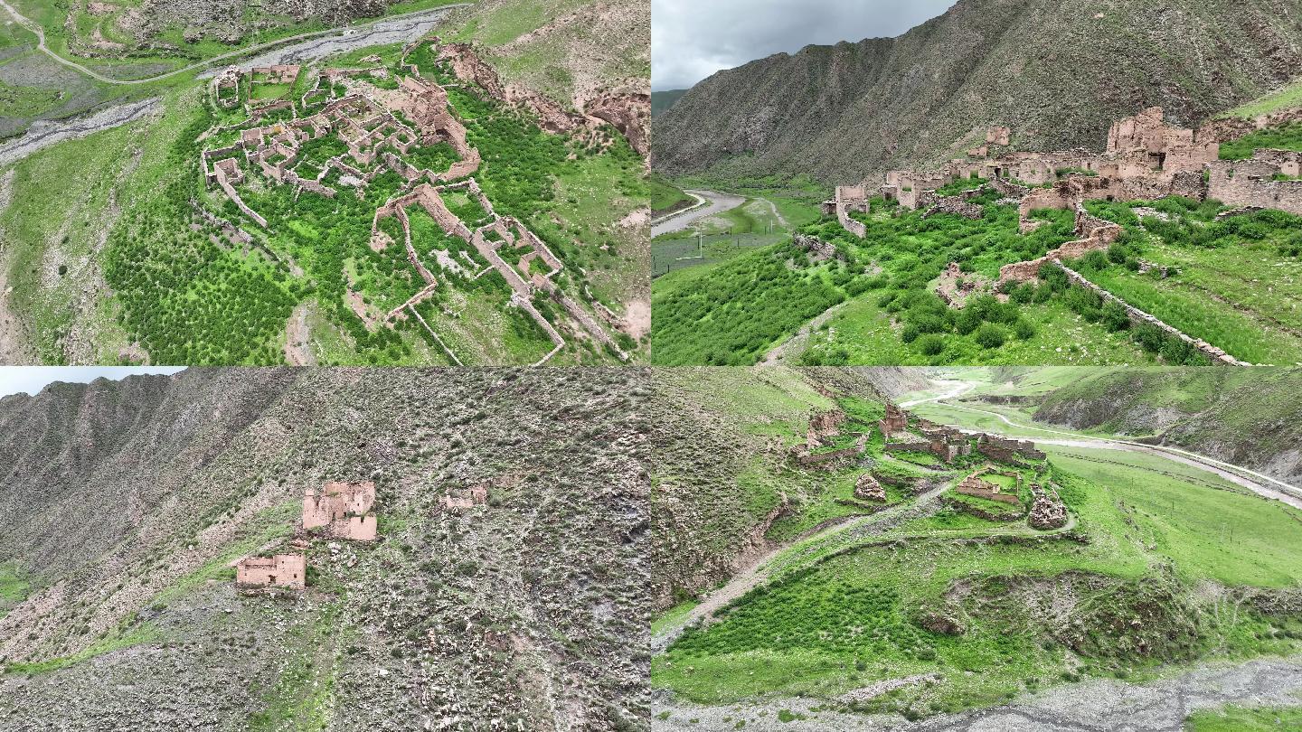 藏区古堡寺庙村庄石头建筑遗址废墟航拍4K