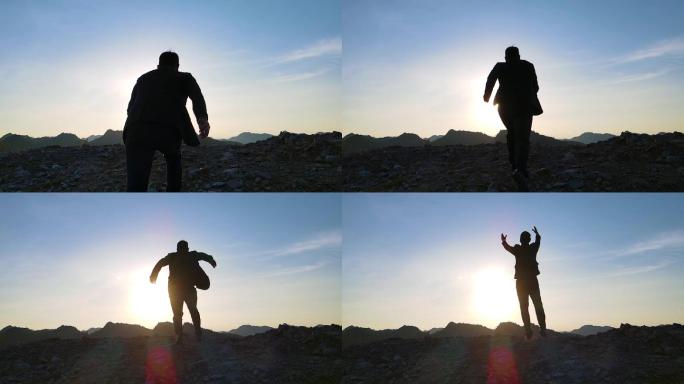 男人山顶奔跑跳跃攀登高峰登山意境概念视频
